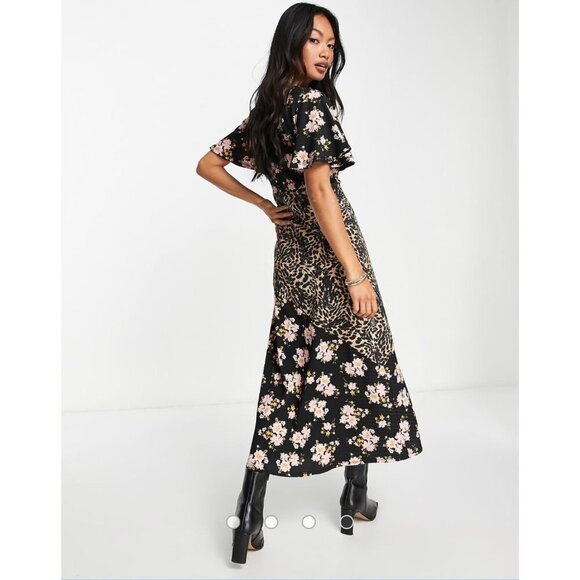 ASOS DESIGN Crinkle Wrap Midi Dress Leopard & Ditsy Floral Print Size 14 - Picture 3 of 13